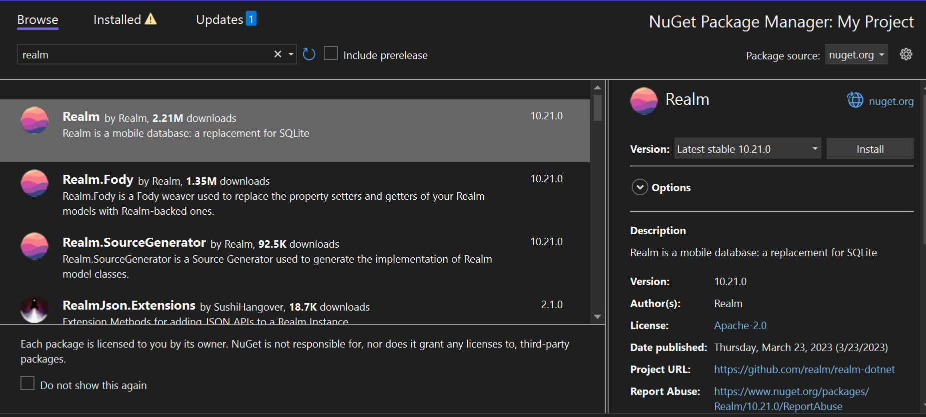 Search for Realm and add it to your project(s).