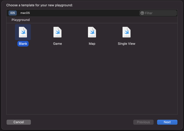 Screenshot of Xcode Playground iOS types with Blank selected